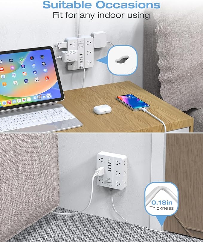 20FT Surge Protector Power Strip,12 AC Outlets with 6 USB Ports (2 USB-C), Flat Plug Extension Cord with Multiple Outlets, Wall Mount for Home Office,Dorm, White