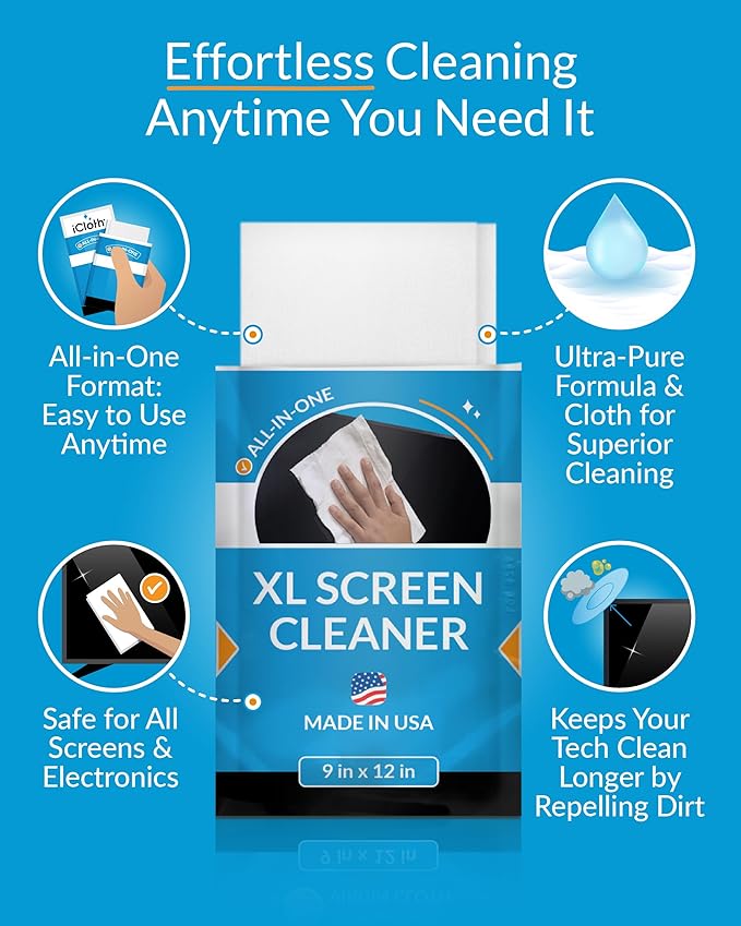 iCloth XL Screen Cleaning Wipes, Lint-Free and Streak-Free, Fast-Drying, Removes Dust, Fingerprints, and Smudges (100 XL Wipes)