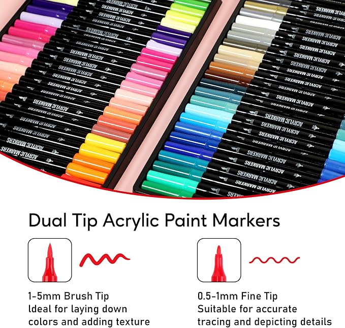 48 Colors Acrylic Paint Markers, Dual Tip with Fine Tip and Brush Tip Pens for Stone, Wood, Calligraphy, Canvas, Ceramic, Metal, Glass, Rock Painting, DIY Crafts