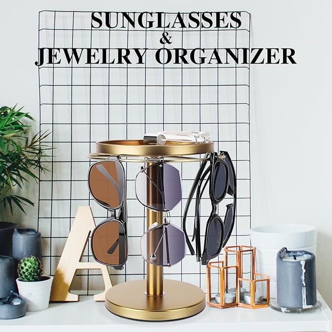 360° Rotating Sunglass Organizer Storage, Stainless Steel Glasses Holder Stand, Glasses Organizer with Tray for Desk, Dresser, Tabletop, Nightstand and Home Decor (Gold)