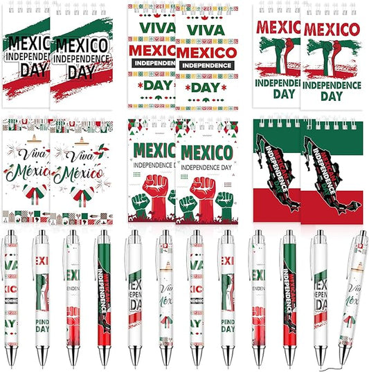 24PCS Mexican Independence Day Mini Spiral Notepad and Pen Set,Viva Mexico Independence Journals Fiesta Ballpoint Pen Pocket Notepad Bulk Gifts Supplies for Dia De La Independencia Party