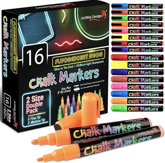 16 UV Fluorescent Neon Chalk Markers - Double Pack of Both Fine & Reversible Medium Tip Liquid Chalk Pens Wet Erasable Menu Boards, Glass, Whiteboards, Mirrors, Non-Porous Chalkboards, Plastic, Metal
