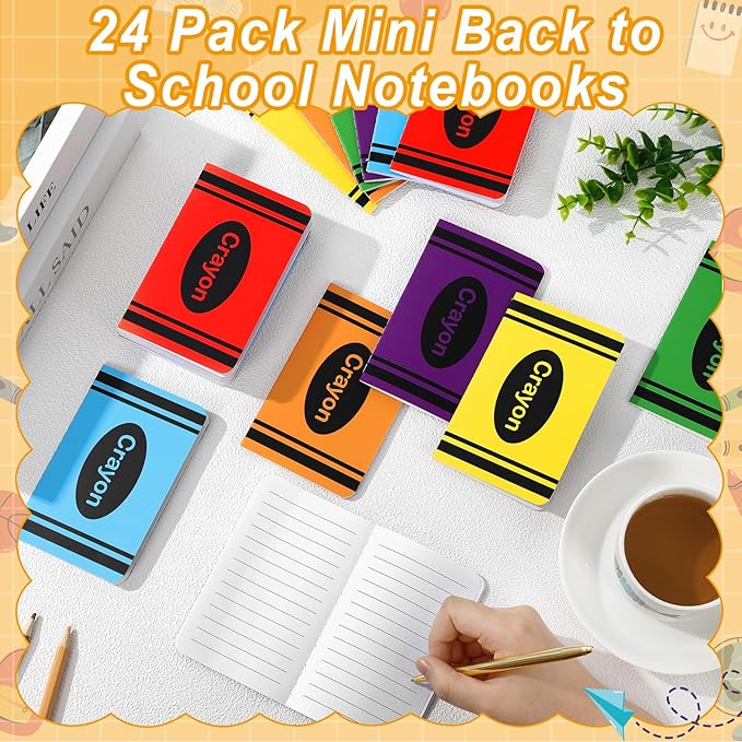 24 Pack Mini Crayon Notebooks Back to School Bulk Favor Crayons Pattern Small Journals Pocket Notepad Cute Notebook for Students Teacher Appreciation Gift First Day of School Classroom Prize 5x3 Inch