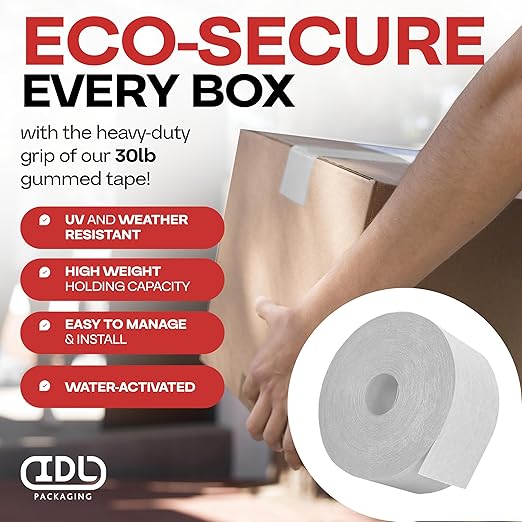 IDL Packaging 2.83" x 450 feet Reinforced Water-Activated Kraft Gummed Tape 30lb Thickness (Pack of 10) - Secure Paper Packing Tape for Secure Carton Sealing - Heavy-Duty for All Conditions, White