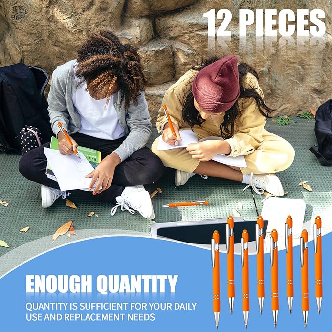 12 Pcs Blue Ink Ballpoint Pen with Stylus Tip, 1.0 mm Metal Pen Stylus Pen for Touch Screens, 2 in 1 Thank You Pen Gift for Friends, Colleagues, Coworker, Office, Family (Orange)