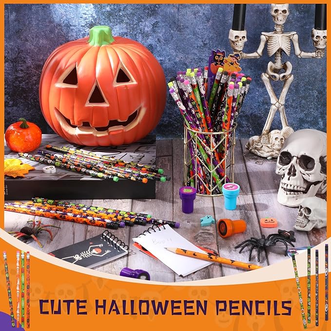 360 Pieces Halloween Pencil with Eraser Fun Assortment Halloween Themed Pencil Novelty Ghost Pumpkin Skeleton Bat Spider Wooden Drawing Pencils for Halloween Party Supplies