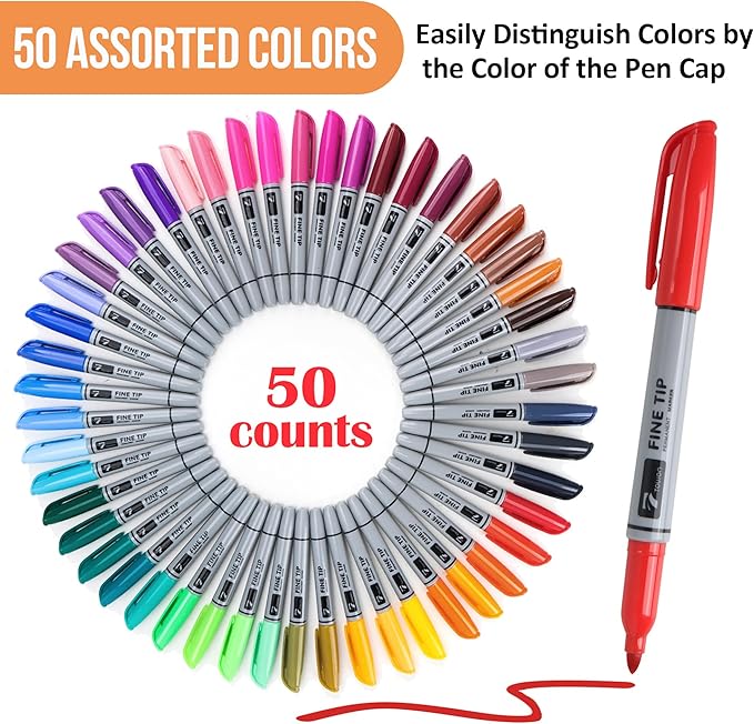 100 Permanent Markers Bulk - 50 Assorted Colors + 50 Black Drawing Marker Pens Set, Waterproof Quick Drying Colored Art Markers for Classroom Office School Store Supplies