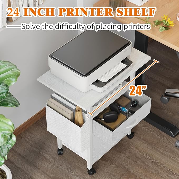 2 Fabric Drawer File Cabinet with 24'' Extended Desktop, Mobile Filing Cabinet, Rolling File Cabinet with Side Bag, Fits A4 Size, Home Office, White