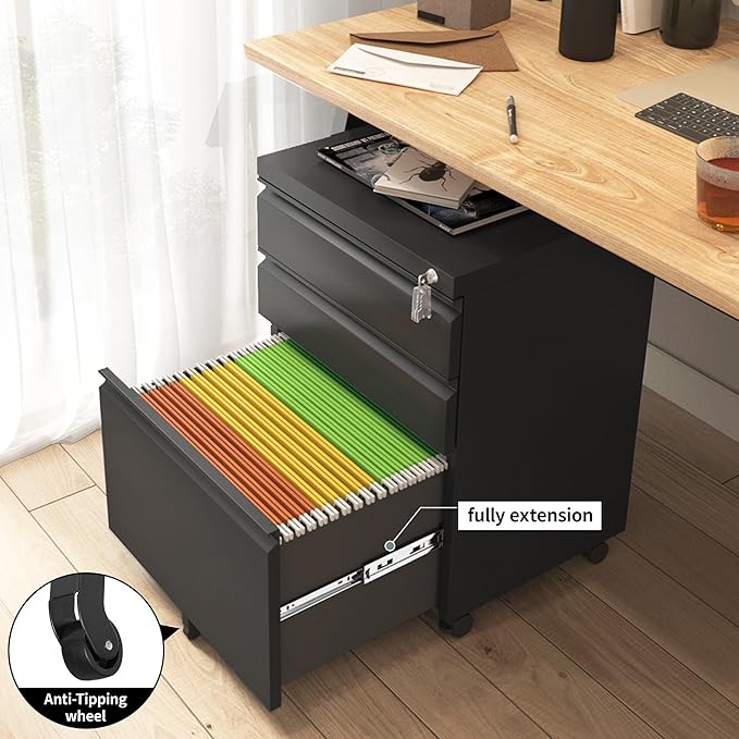 3 Drawer File Cabinet for Home Office, Under Desk Mobile Filing Cabinet with Lock for A4-Size/Letter-Size/Legal-Size, Black (HSEJ-3D)