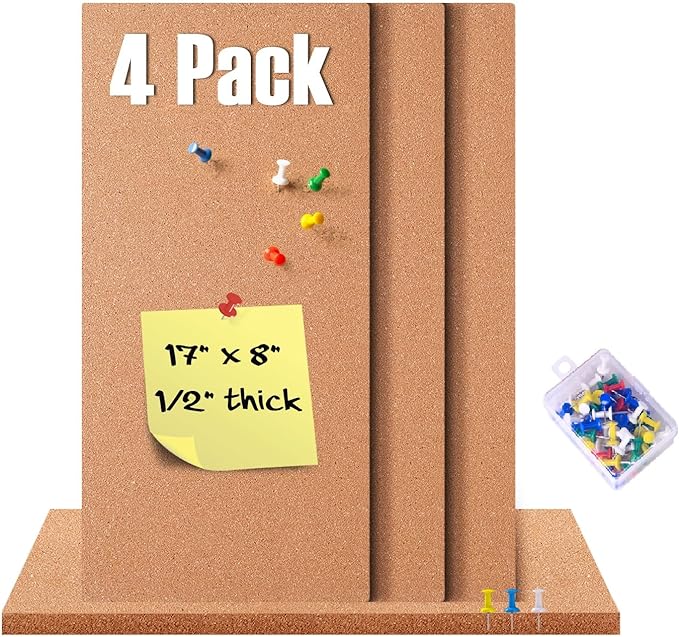 4 Pack Cork Bulletin Board 17"x8" - 1/2" Thick Cork Board Tiles,Self-Adhesive Frameless Cork Tiles Wall Decor for DIY, Office, School and Home Decor