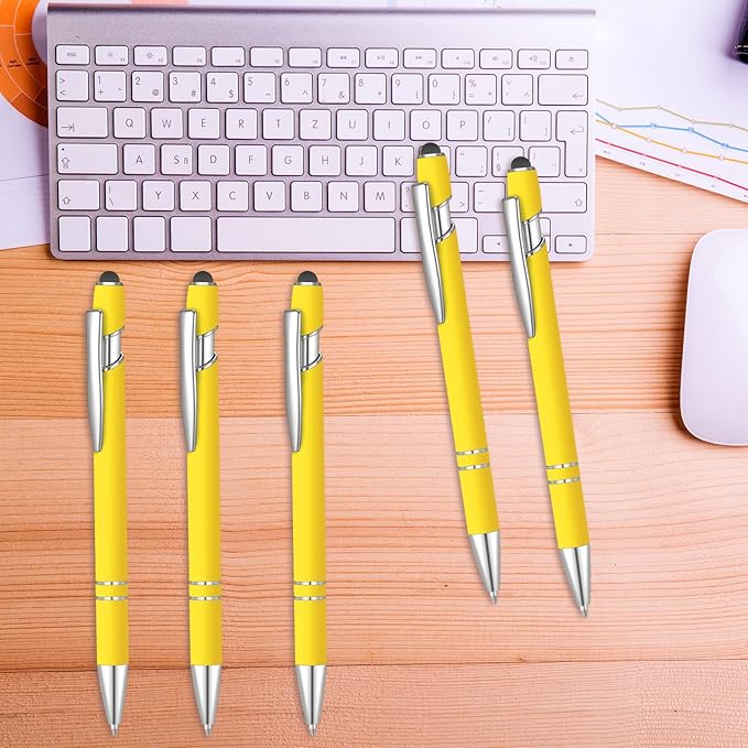 24 Pcs Blue Ink Ballpoint Pen with Stylus Tip 2 in 1 Ballpoint Pen 1.0 mm Blue Ink Metal Stylus Pen for Touch Screens Coworkers, Family, Colleagues, Office (Yellow)