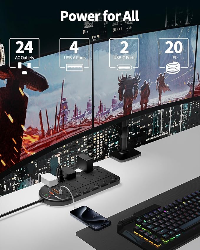 20 Ft Power Strip Surge Protector (3,400 Joules), DEPOW 24 AC Multiple Outlets (1875W/15A) with 6 USBs (2 USB-C Ports), ETL Listed, Flat Plug Heavy Duty Long Extension Cord for Home, Office, Black