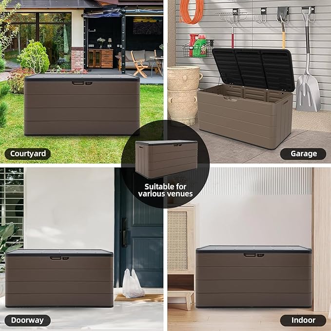 Premium Pro Edition 100 Gallon Lockable Resin Deck Box, Waterproof & UV-Resistant Outdoor Storage Box for Outdoor Cushion Storage, Garden Tools & Pool Accessories Storage, Brown