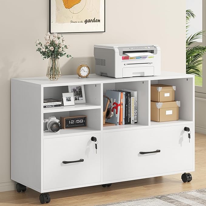 2 Drawer Wood Mobile Large Lateral File Cabinet with Lock, Lockable Rolling Filing Cabinet with Storage Shelves, Printer Stand Office Storage for Home Office Fits Files Legal/A4,White