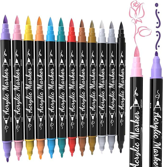 12 Colors Acrylic Paint Markers, Waterproof Dual Tip Acrylic Paint Pens with Brush and Fine Tip, Markers Set for Paper, Rock, Wood, Canvas, Glass, Ceramic and DIY Crafts Making Art Supplies