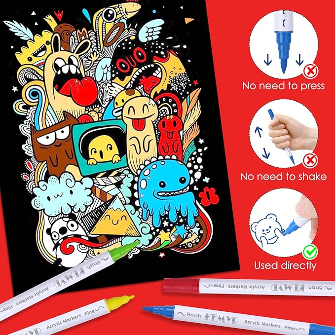 100 Colors Brush & Fine Tip Acrylic Paint Pens, Dual Tip Acrylic Paint Markers for Paper, Wood, Canvas, Stone, Rock, Glass, Fabric, DIY, Ceramic, Art Supplies for Kids and Adults Drawing