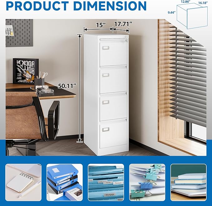 4 Drawer File Cabinet with Lock Metal Vertical File Storage Cabinet Office Home Steel Vertical File Cabinet for A4 Legal/Letter Size Narrow File Cabinet Locked,Assembly Required