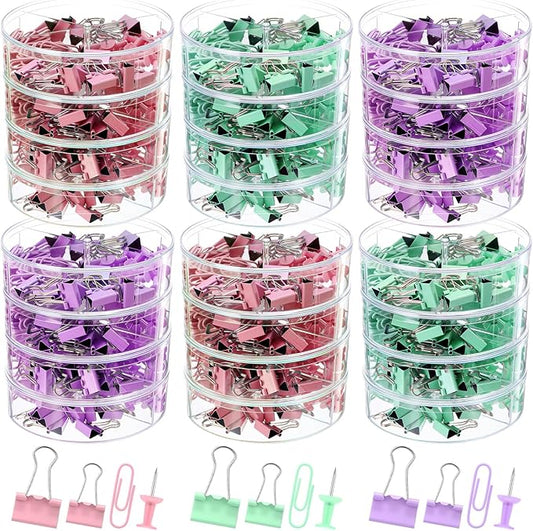 1560 Pcs Paper Clips and Binder Clips Assorted Sizes, Large Medium Small Binder Clip Paperclips Thumb Tacks, College Supplies Home Office Supplies Document Organizing(Pink, Purple, Green)