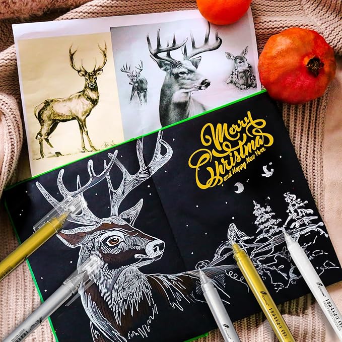 3 Colors 0.6mm Extra Fine Point Gel Pen Set – White, Gold & Silver Gel Ink Pens for Artists Drawing on Black Paper, Sketching, Bullet Journaling & Holiday Crafts