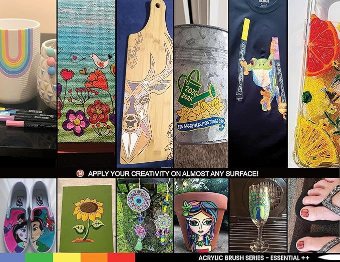 36 Flexible Brush Tip Acrylic Paint Pens Markers Set 1-7mm Line for Rock Painting, Brush Lettering, Scrapbooking, Glass, Mugs, Wood, Metal, Canvas, Fabric, Plastic. Non Toxic Waterbased Quick Drying