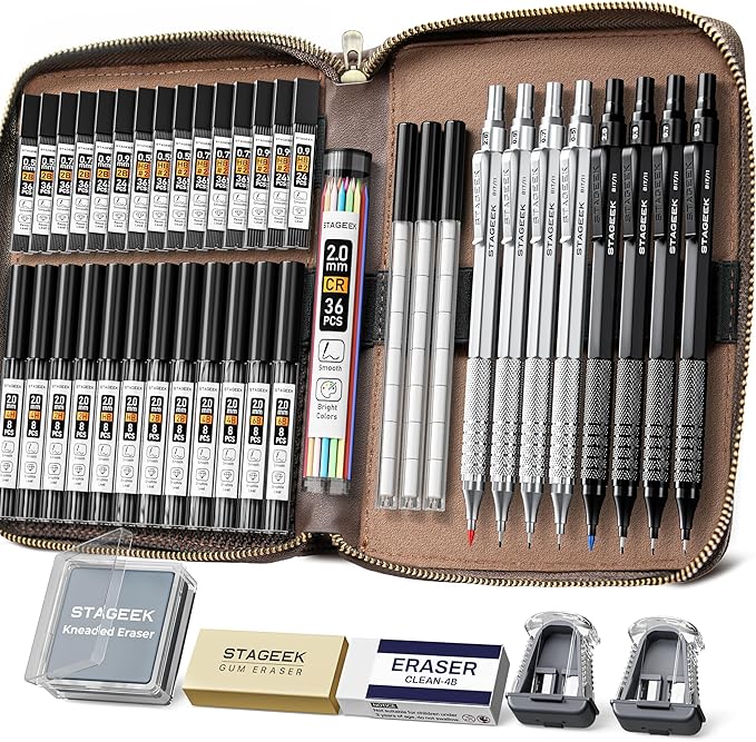45PCS Black & Silver Metal Mechanical Pencil Set in Leather Case, 0.5, 0.7, 0.9, 2.0mm Drafting Pencils with 28 Tubes(6B 4B 2B HB 2H 4H & Colors)Lead Refills for Art Drawing, Sketching,Writing