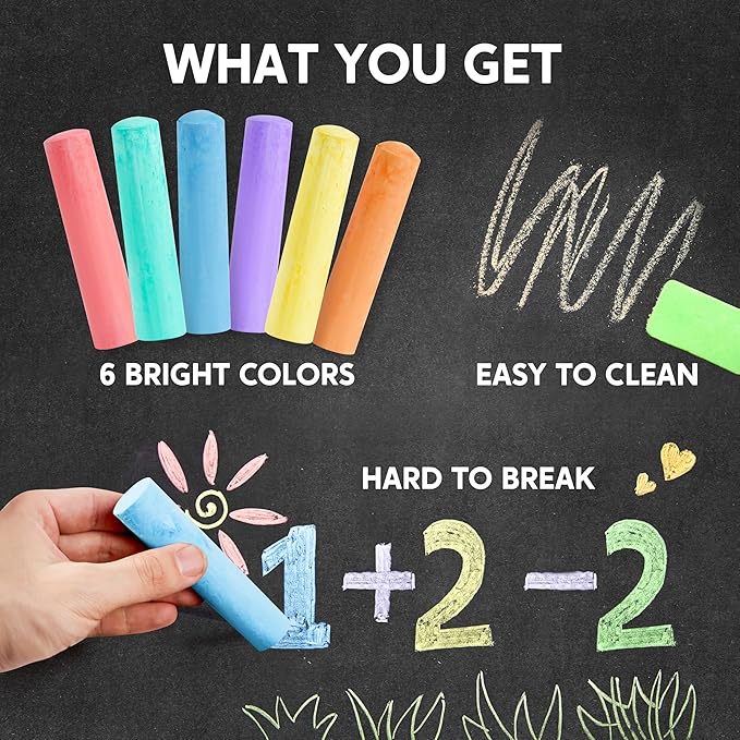 24 PCS Washable Sidewalk Chalks Set Non-Toxic Jumbo Chalk for Schools, Outdoor Art Play, Paint on Chalkboard, Blackboard and Playground (6 Colors))