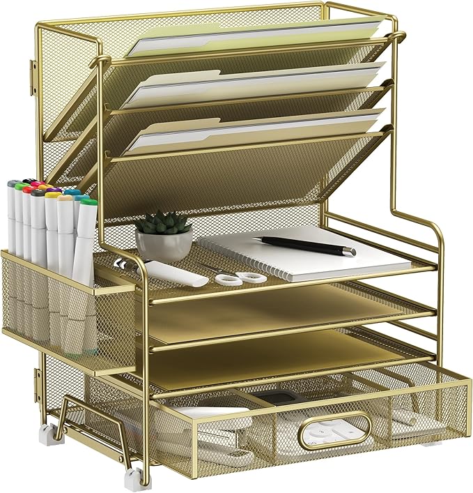 4-Tier Paper Organizer + 3-Pocket File Holder + Drawer + Pen Holders, Desktop File Organizers Paper Tray for Office Supplies School Classroom Organization (Gold, with Drawer & Pen Holder)