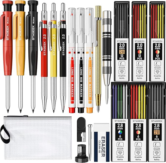 22 Pack Mechanical Carpenter Pencil Set with Sharpener 60 Refills, Automatic Center Punch, Carbide Scribe Tool, Eraser and Deep Hole Marker Pen, Heavy Duty Construction Pencil for Architect-With Pouch