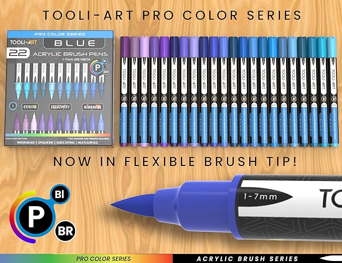 22 Flexible Brush Tip Acrylic Paint Pens Markers Set 1-7mm Line for Rock Painting, Brush Lettering, Glass, Mugs, Wood, Metal, Canvas, Fabric, Plastic. Non Toxic Waterbased Quick Drying Assorted Blue