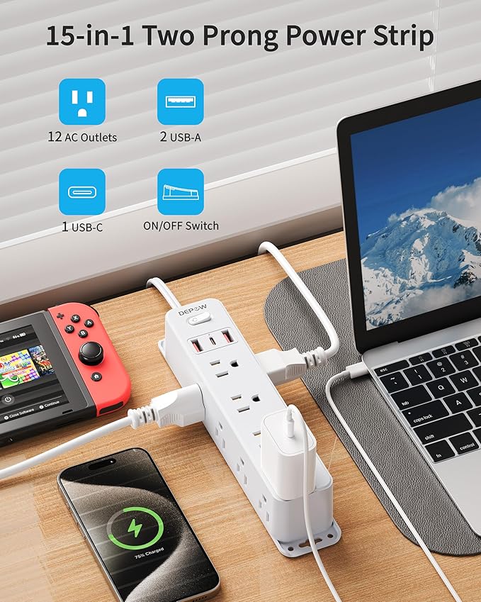 2 Prong Power Strip with 12 AC Outlets, 2 to 3 Prong Adapter, 3 USB Ports (1 USB C), 5FT Extension Cord, 1700J Two Prong Surge Protector, Wall Mountable, Ideal for Old House Non-Grounded Outlets