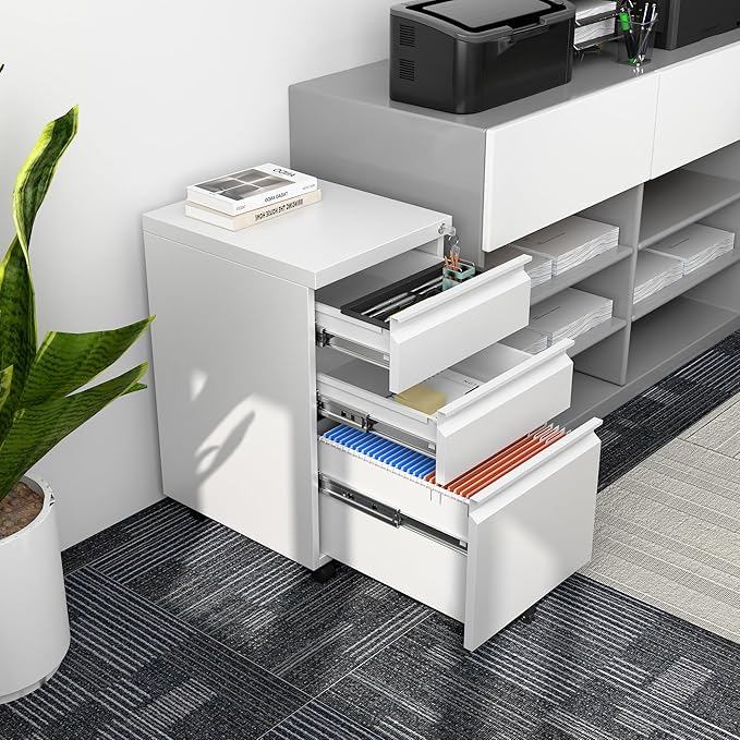 3 Drawer Mobile File Cabinet with Lock, Under Desk Metal Filing Cabinet for Office,Home,A4/Legal/Letter Size, Fully Assembled (White)