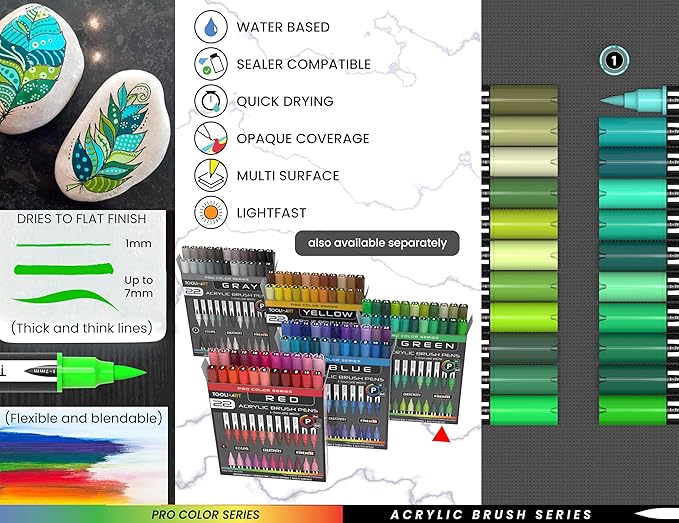 22 Flexible Brush Tip Acrylic Paint Pens Markers Set 1-7mm Line for Rock Painting, Brush Lettering, Glass, Mugs, Wood, Metal, Canvas, Fabric, Plastic. Non Toxic Waterbased Quick Drying Assorted Green