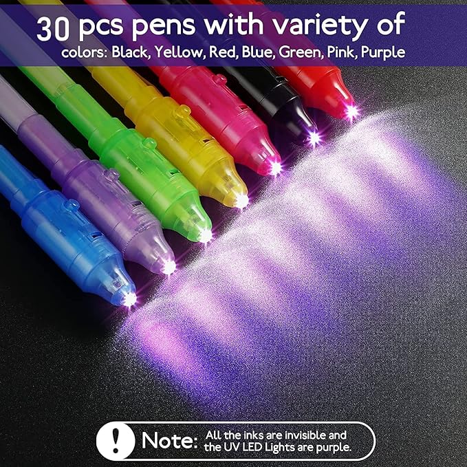 30PCS Invisible Ink Pens with UV Light, Party Favors for Kids, Spy Pens, Magic Pen Disappearing Ink for Writing Secret Message, Classroom Prizes, Stocking Stuffers